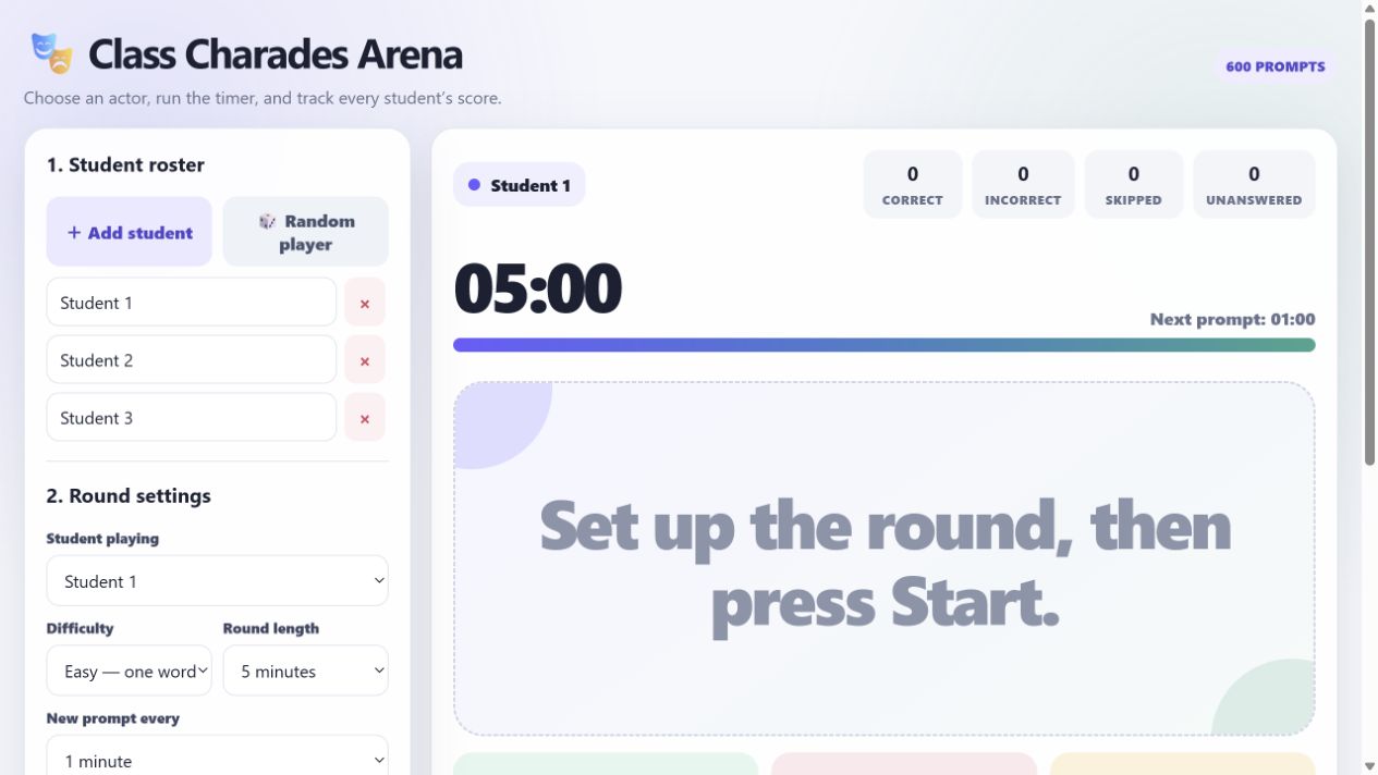 Class Charades game arena preview