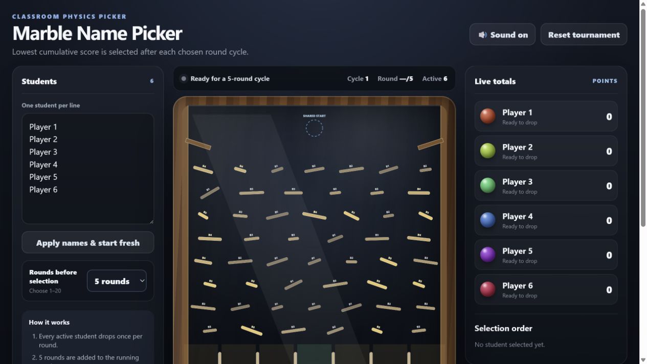 Marble Name Picker physics board preview