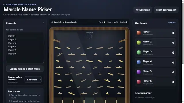 Marble Name Picker physics board preview