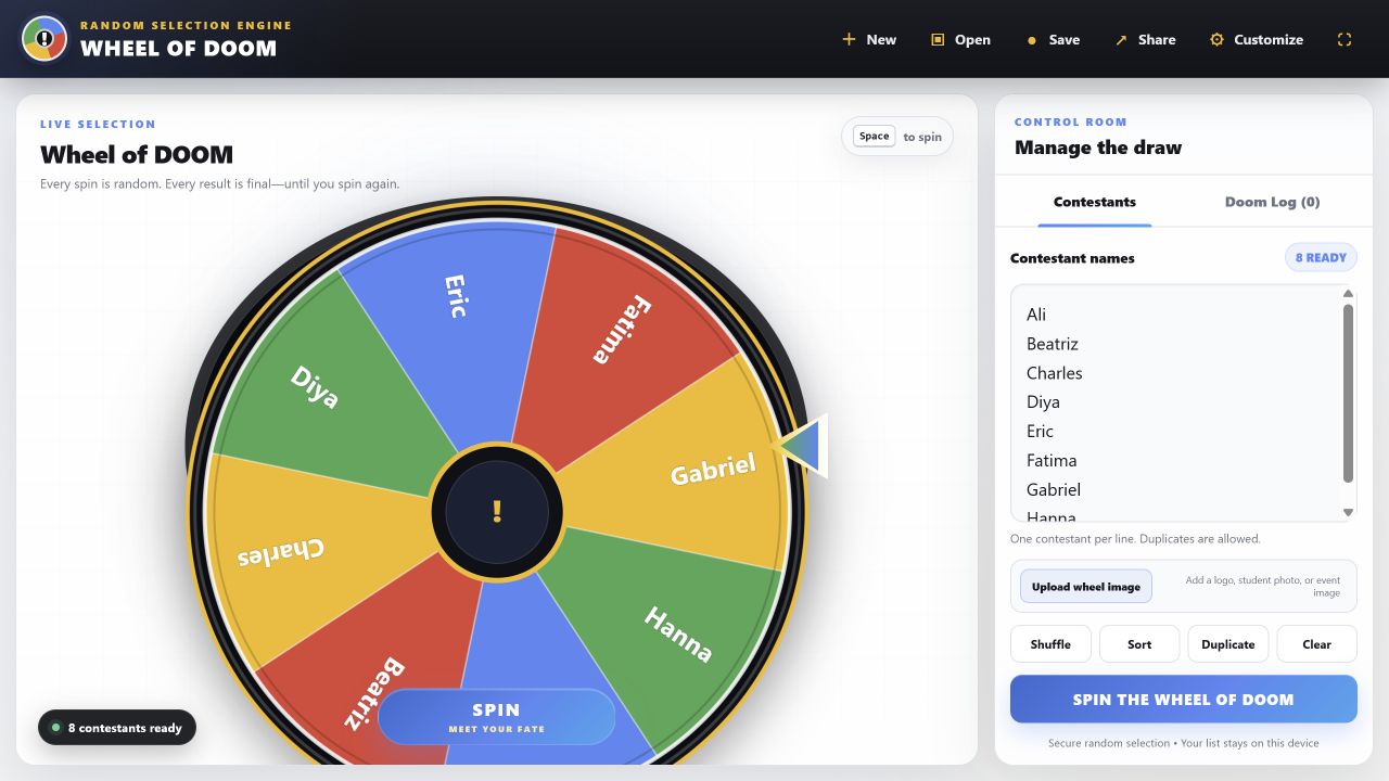 Wheel of Doom random name picker preview