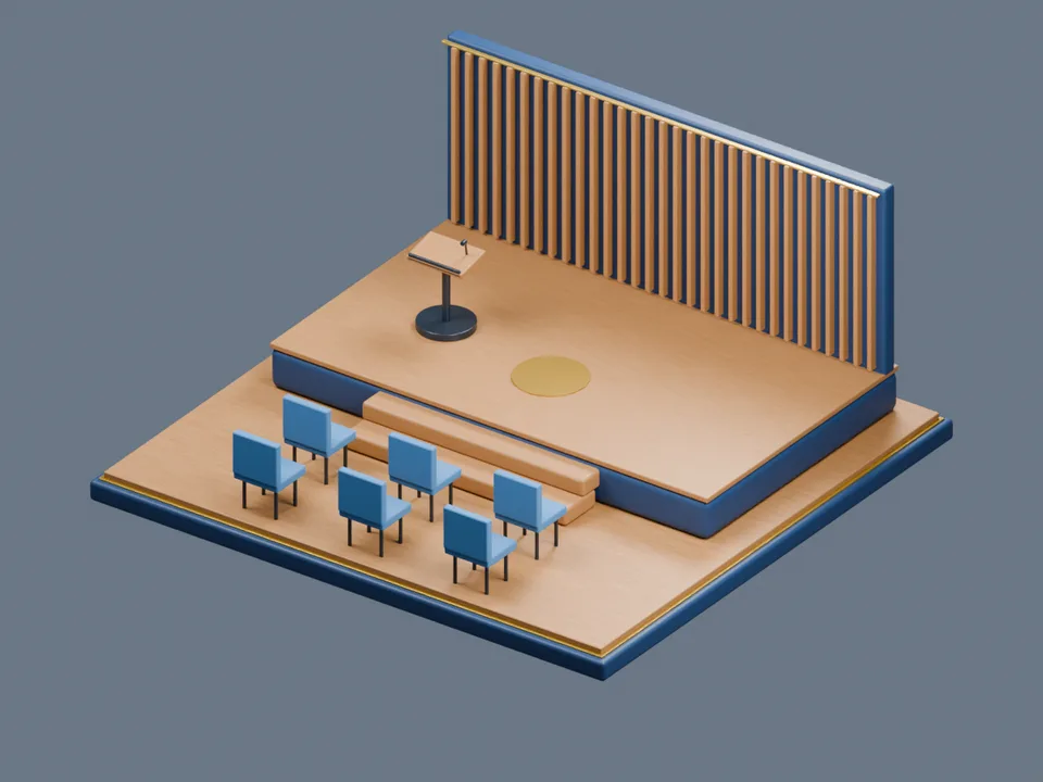 Fictional miniature stage with a gold speaking mark, a lectern on the left and six chairs facing the stage.