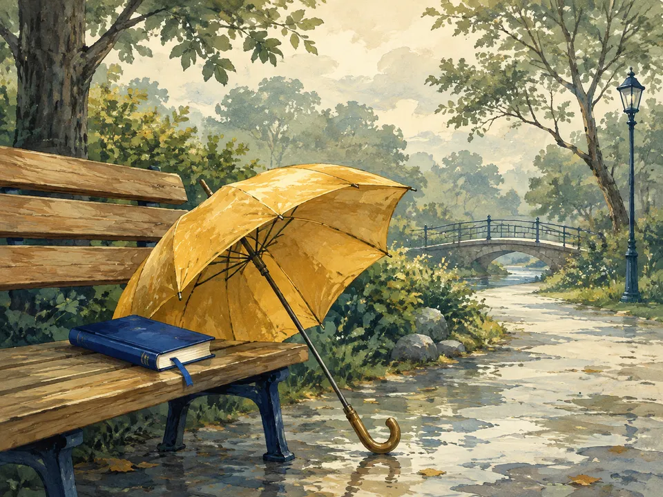 A closed blue book rests on a wooden bench beside an open yellow umbrella. Trees, a wet path and a small bridge fill the background. No people are shown.